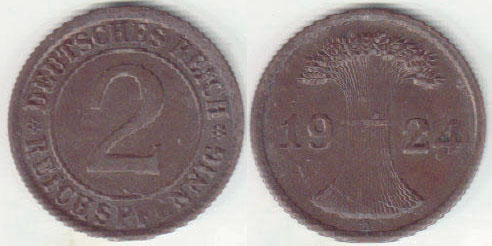 1924 A Germany 2 Reichspfennig A008247 1924 A Germany 2 Reichspfennig A008247